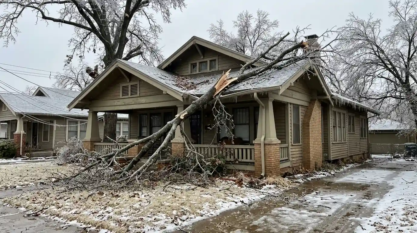 Broken limb on a bungalow porch roof after an ice storm