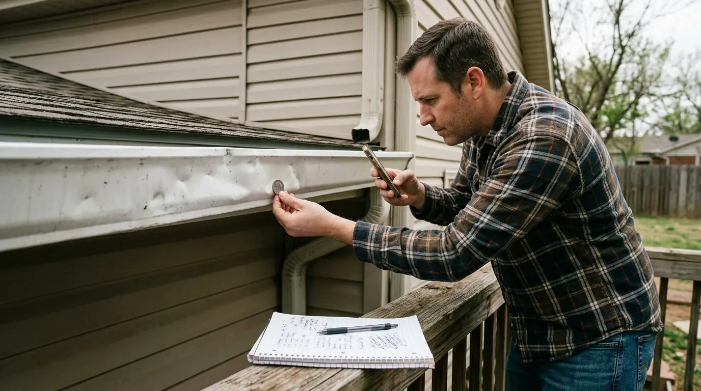 Photographing hail dents on a gutter with a coin for scale