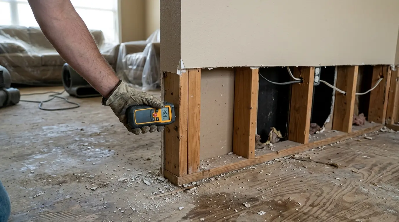 Flood cut exposing studs after water damage