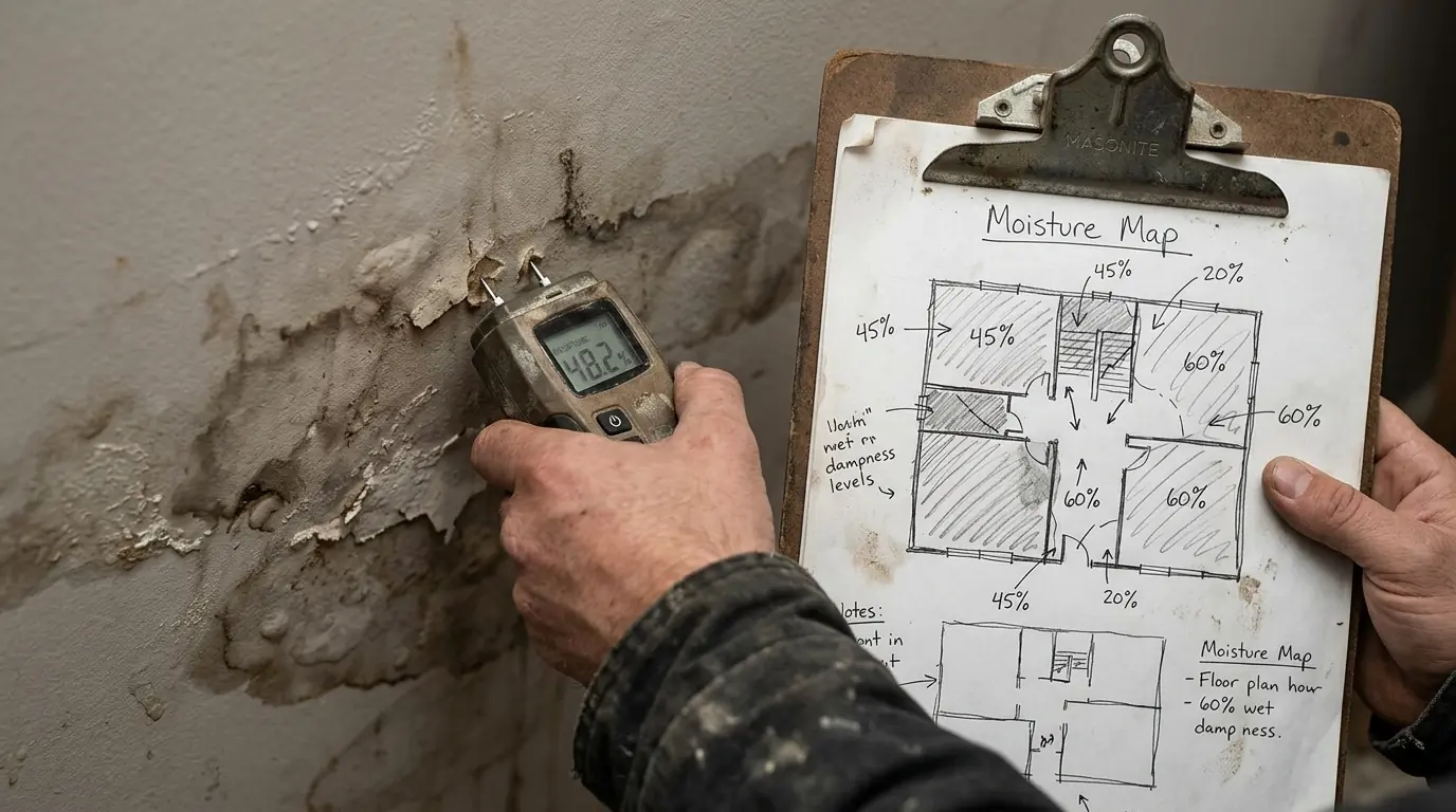 Moisture meter reading on wet drywall