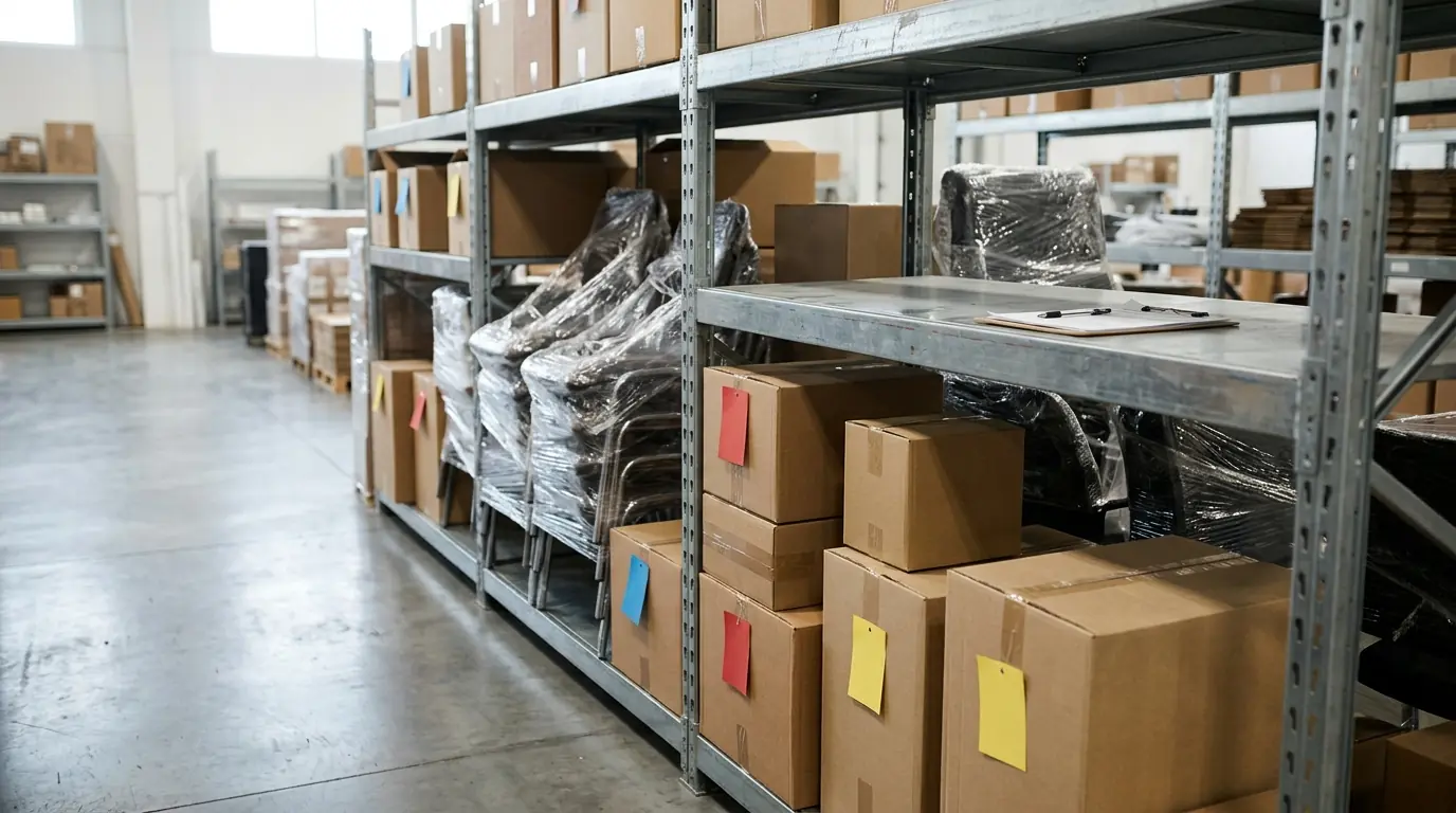 Packed belongings sorted by room in storage