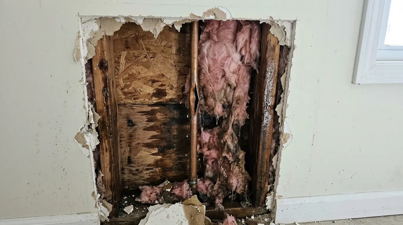 Split copper pipe inside an opened wall