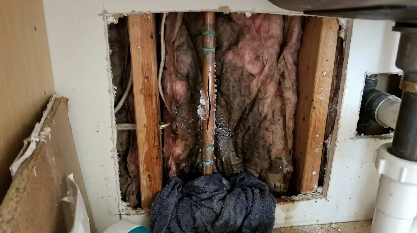 Frozen copper pipe split inside an exterior kitchen wall