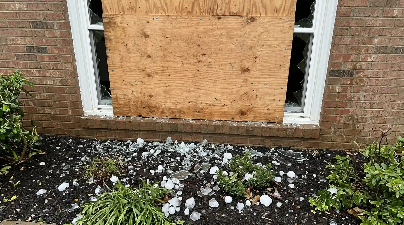 Plywood covering a hail-broken window