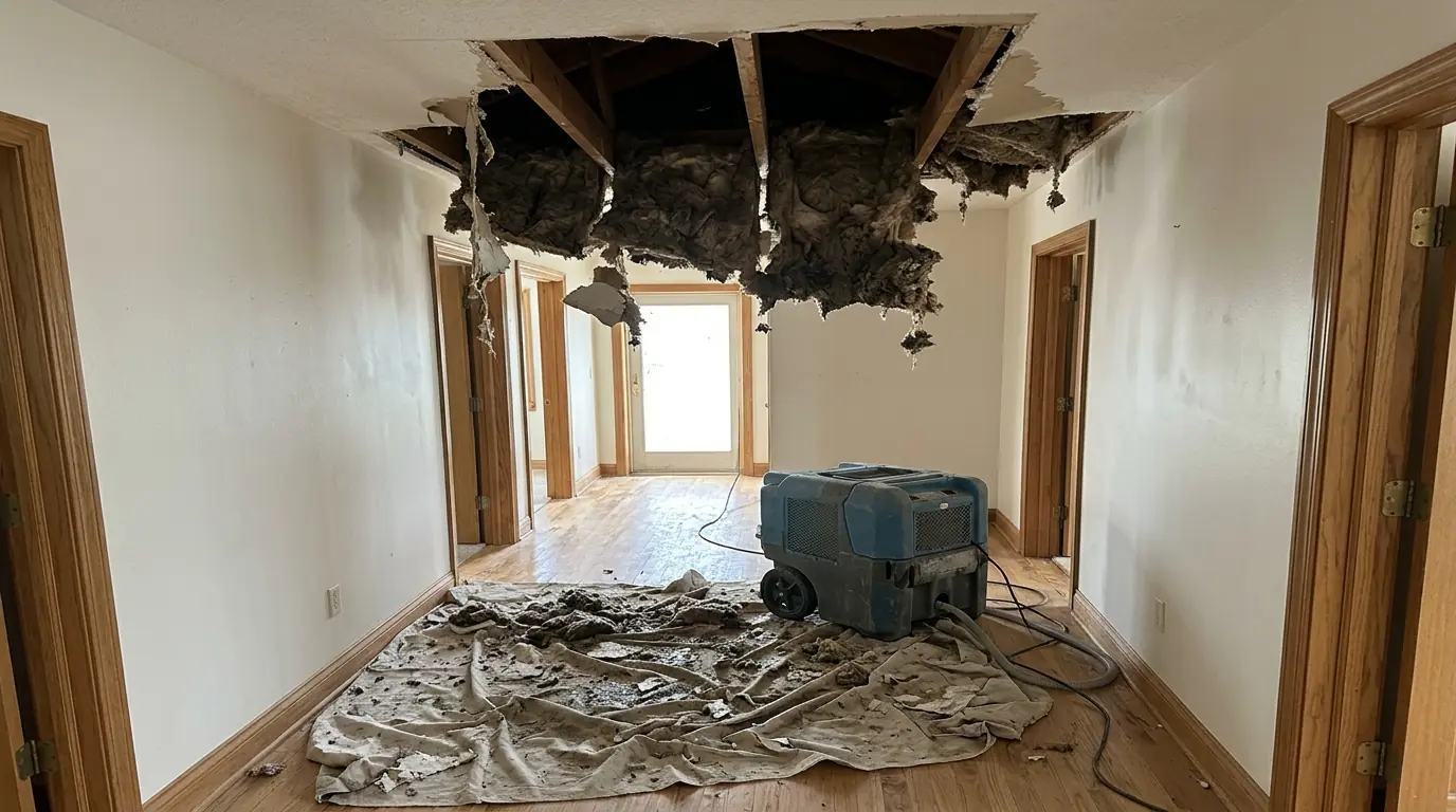 Sagging ceiling opened to the joists