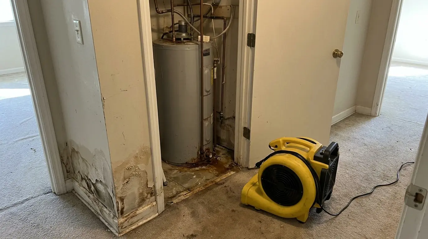 Water heater leak drying in a hallway closet